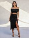 Black Off-Shoulder Crop Top and Skirt Set Elegant Two-Piece Outfit for Women