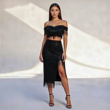 Black Off-Shoulder Crop Top and Skirt Set Elegant Two-Piece Outfit for Women
