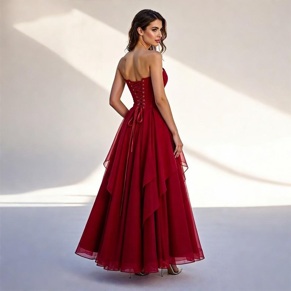 Burgundy Strapless Tulle Prom Dress – Evening Gown for Women 2026 - Image 3