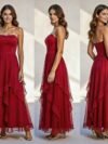 burgundy strapless tulle prom dress long evening gown for women