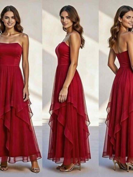 burgundy strapless tulle prom dress long evening gown for women