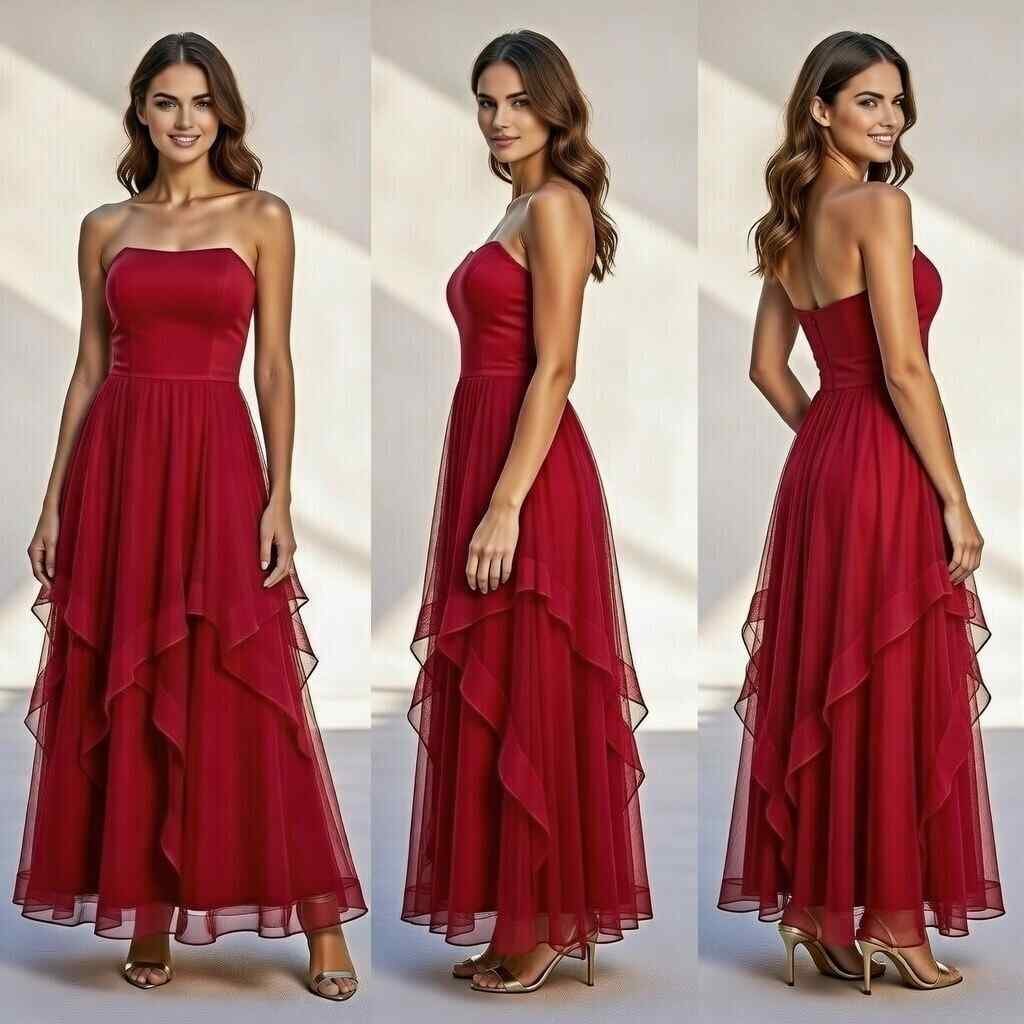 burgundy strapless tulle prom dress long evening gown for women
