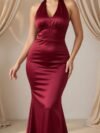 Raffereriza Elegant Bodycon Fishtail Hem V-Neck Waist Pleated Knit Mesh Long Dress Burgundy