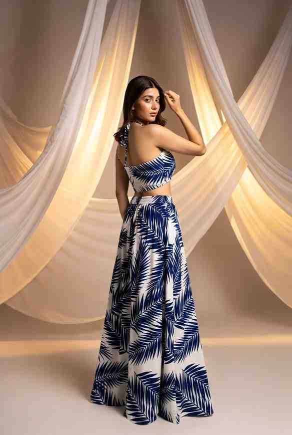 Tropical Palm Leaf Co-Ord Set for Women – Halter Neck Crop Top & Wide Leg Palazzo Pants Summer Outfit - Image 2